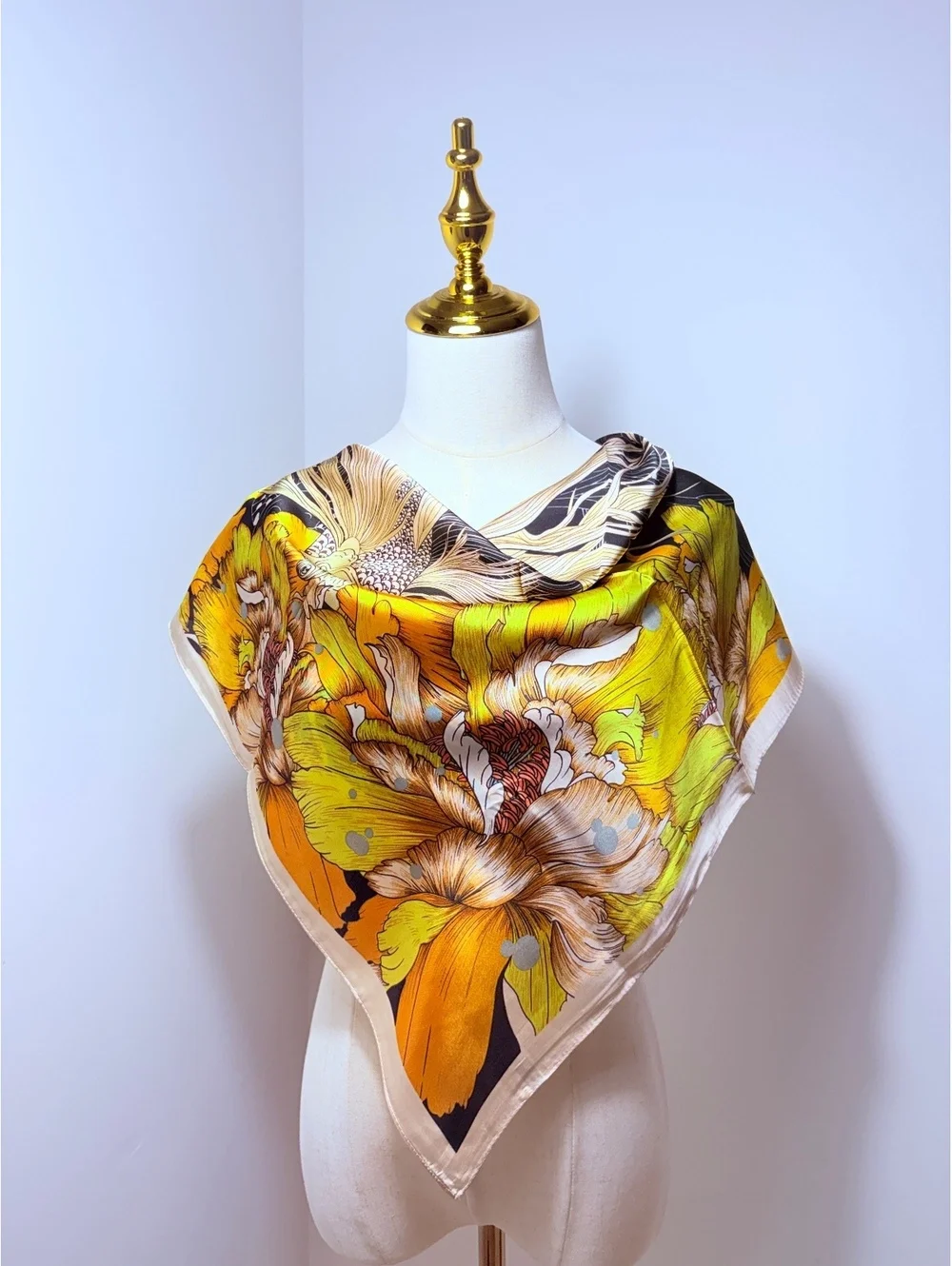 Elegant Floral Scarf with Vibrant Yellow and Black Design